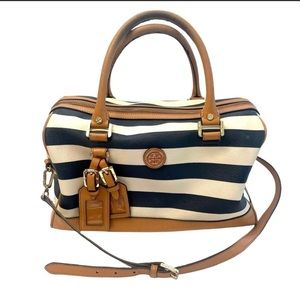 Tory Burch Viva navy/cream coded canvas with Vachetta leather trim satchel